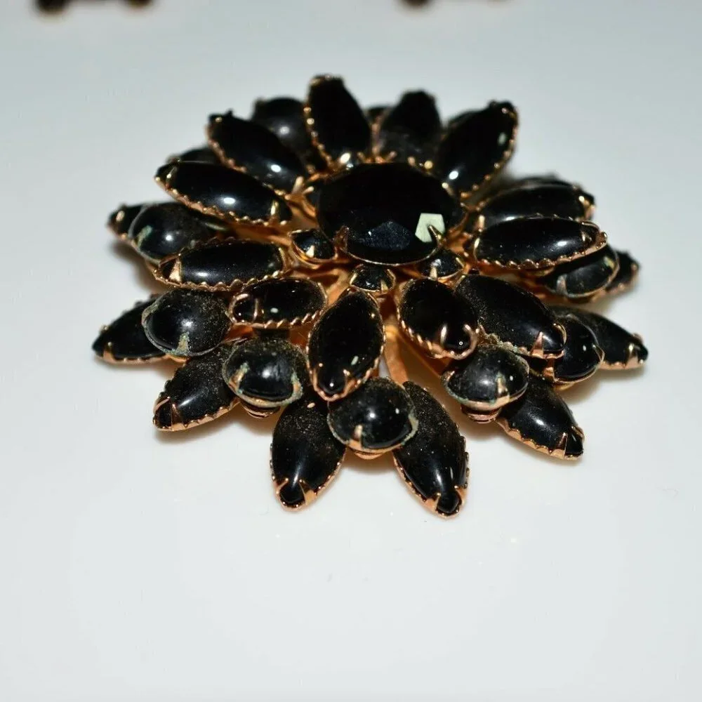 Gold Tone Large Black Glass Rhinestone Flower Set